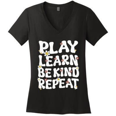 Play Learn Be Kind Repeat Groovy Unity Day Orange Teacher Women's V-Neck T-Shirt