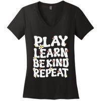 Play Learn Be Kind Repeat Groovy Unity Day Orange Teacher Women's V-Neck T-Shirt