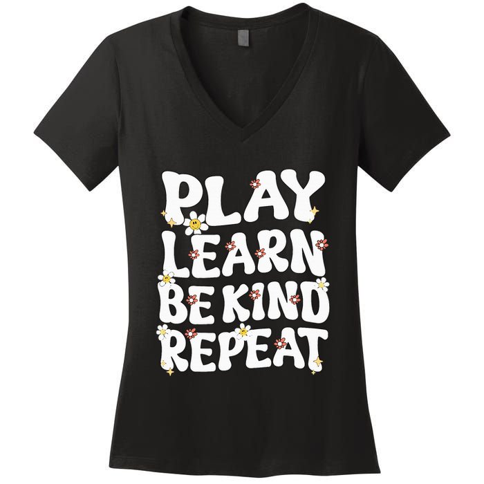 Play Learn Be Kind Repeat Groovy Unity Day Orange Teacher Women's V-Neck T-Shirt