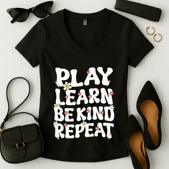 Play Learn Be Kind Repeat Groovy Unity Day Orange Teacher Women's V-Neck T-Shirt