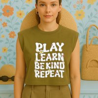 Play Learn Be Kind Repeat Groovy Unity Day Orange Teacher Garment-Dyed Women's Muscle Tee