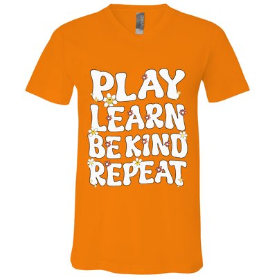 Play Learn Be Kind Repeat Groovy Unity Day Orange Teacher V-Neck T-Shirt