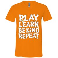 Play Learn Be Kind Repeat Groovy Unity Day Orange Teacher V-Neck T-Shirt
