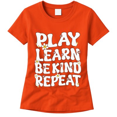 Play Learn Be Kind Repeat Groovy Unity Day Orange Teacher Womens T-Shirt