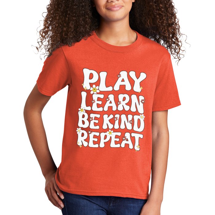 Play Learn Be Kind Repeat Groovy Unity Day Orange Teacher Kids T-Shirt