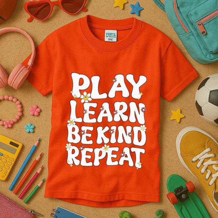 Play Learn Be Kind Repeat Groovy Unity Day Orange Teacher Kids T-Shirt
