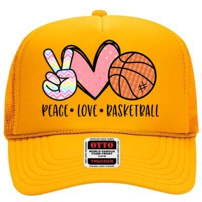 Peace Love Basketball Heart For Women Teens Tween Girls Meaningful Gift High Crown Mesh Back Trucker Hat