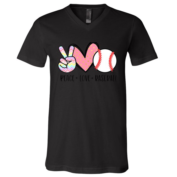 Peace Love Baseball Funny V-Neck T-Shirt