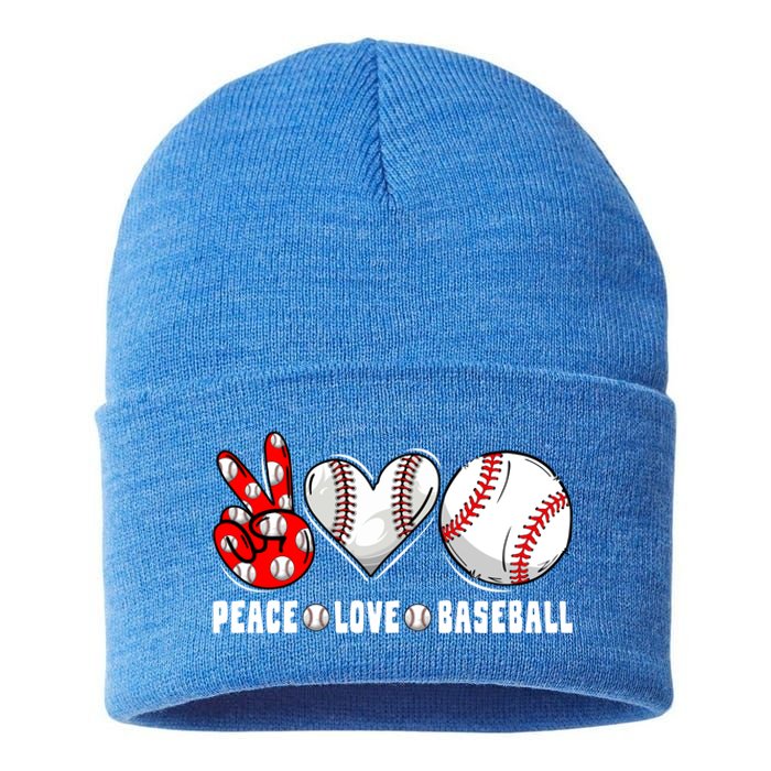 Peace Love Baseball Funny Mommy Dad Son Daughter Gift Sustainable Knit Beanie