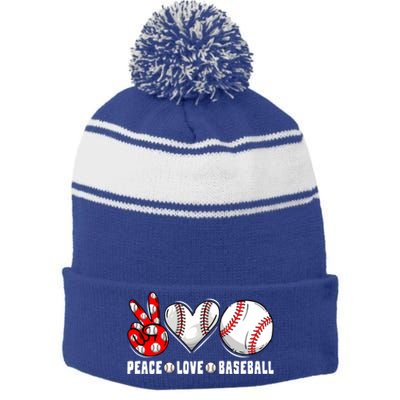 Peace Love Baseball Funny Mommy Dad Son Daughter Gift Stripe Pom Pom Beanie