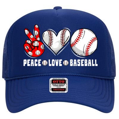 Peace Love Baseball Funny Mommy Dad Son Daughter Gift High Crown Mesh Back Trucker Hat