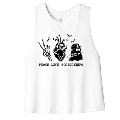 Peace Love Boo Boo Crew Lazy Halloween Skeleton Nurse Ghost Great Gift Women's Racerback Cropped Tank