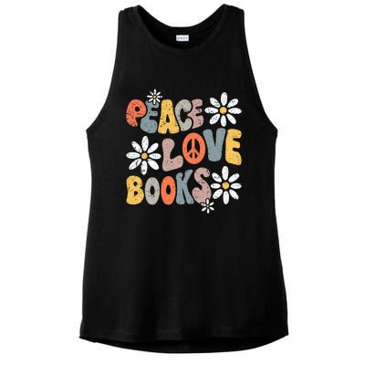 Peace Love Books Groovy Bookworm Book Nerd Reading Teacher Ladies PosiCharge Tri-Blend Wicking Tank