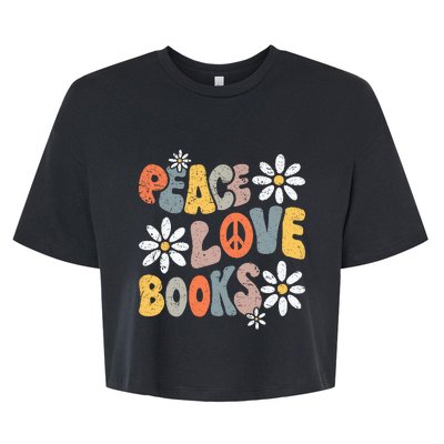 Peace Love Books Groovy Bookworm Book Nerd Reading Teacher Bella+Canvas Jersey Crop Tee