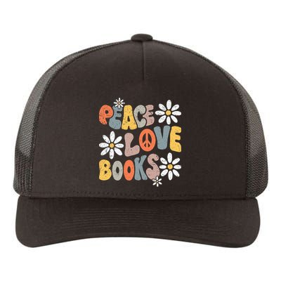 Peace Love Books Groovy Bookworm Book Nerd Reading Teacher Yupoong Adult 5-Panel Trucker Hat