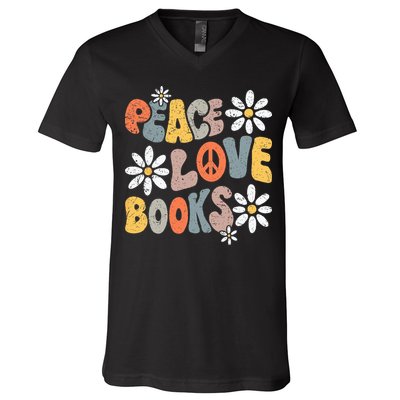 Peace Love Books Groovy Bookworm Book Nerd Reading Teacher V-Neck T-Shirt