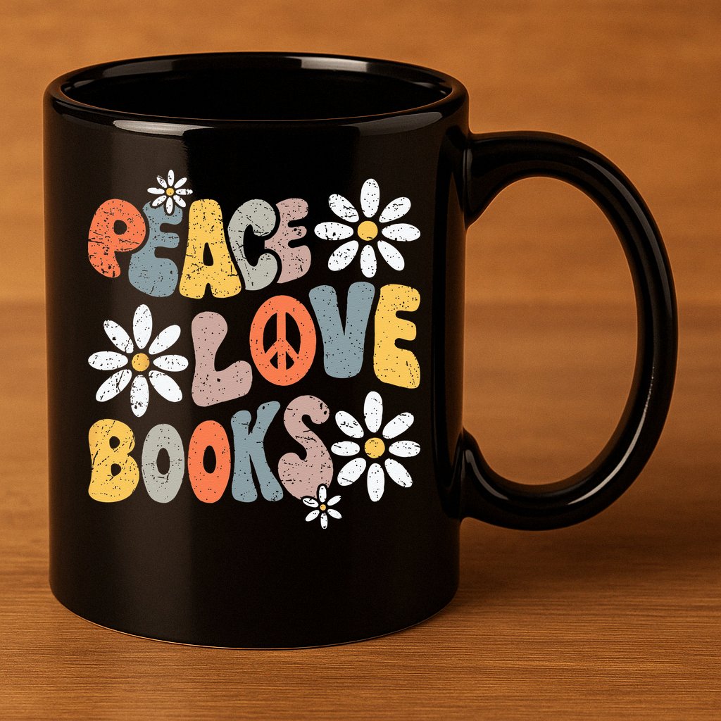 Peace Love Books Groovy Bookworm Book Nerd Reading Teacher 11oz C Handle Ceramic Mug