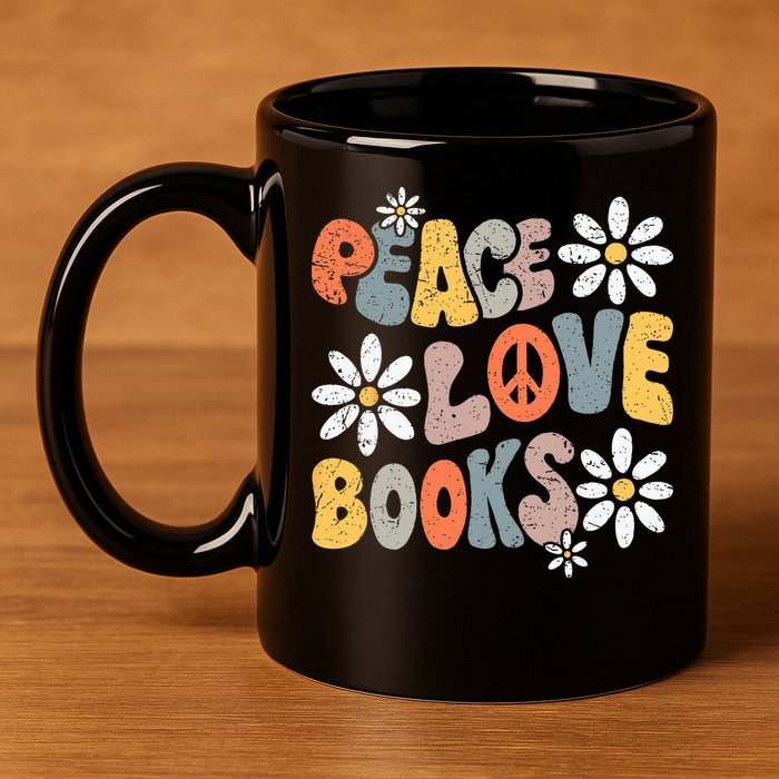Peace Love Books Groovy Bookworm Book Nerd Reading Teacher 11oz C Handle Ceramic Mug