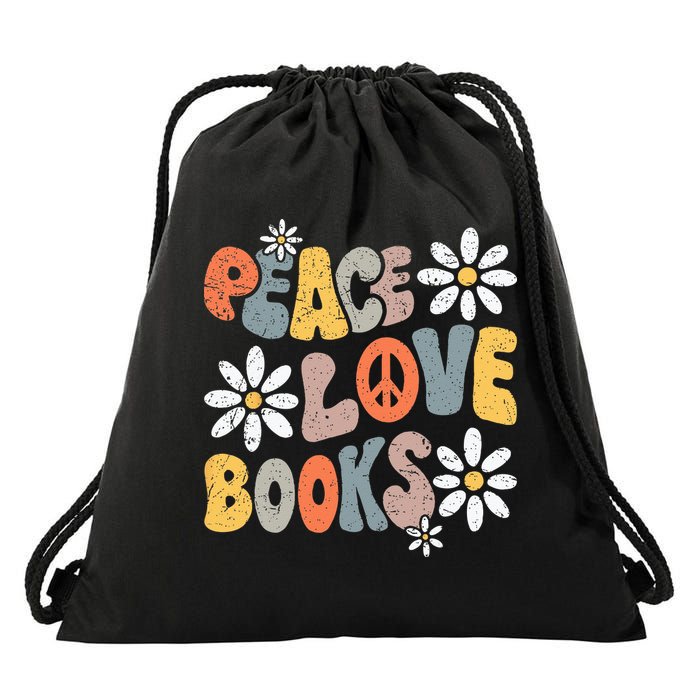 Peace Love Books Groovy Bookworm Book Nerd Reading Teacher Drawstring Bag