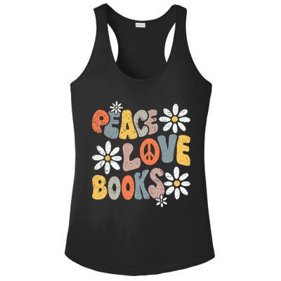 Peace Love Books Groovy Bookworm Book Nerd Reading Teacher Ladies PosiCharge Competitor Racerback Tank