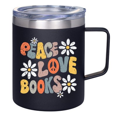Peace Love Books Groovy Bookworm Book Nerd Reading Teacher 12oz Stainless Steel Coffee Mug