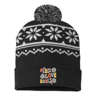 Peace Love Books Groovy Bookworm Book Nerd Reading Teacher USA-Made Snowflake Beanie