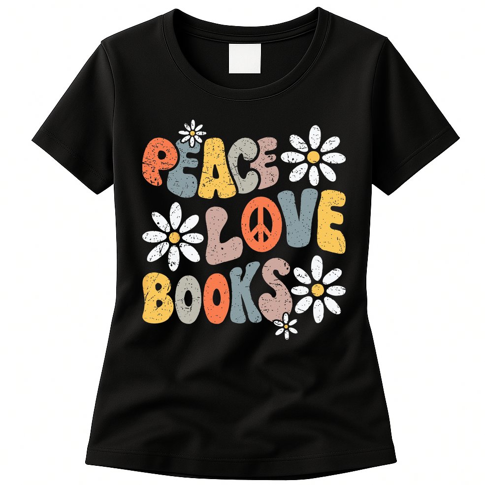 Peace Love Books Groovy Bookworm Book Nerd Reading Teacher Womens T-Shirt