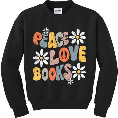 Peace Love Books Groovy Bookworm Book Nerd Reading Teacher Kids Sweatshirt