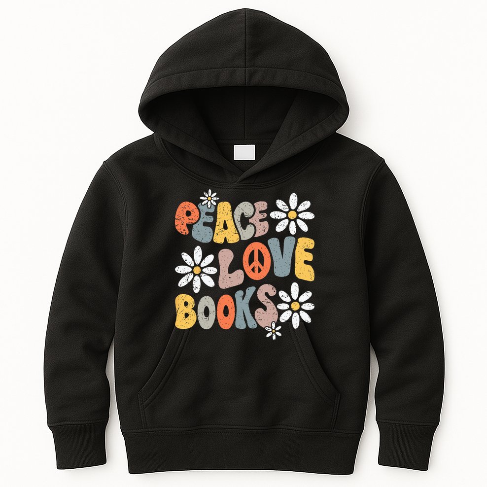 Peace Love Books Groovy Bookworm Book Nerd Reading Teacher Kids Hoodie