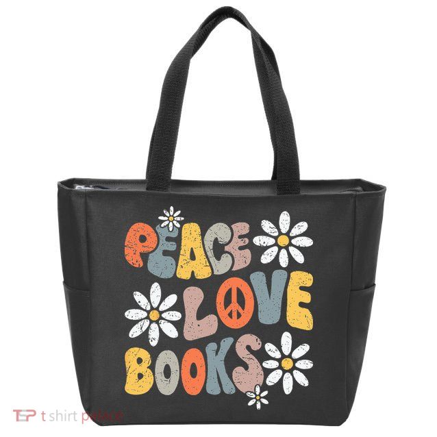 Peace Love Books Groovy Bookworm Book Nerd Reading Teacher Zip Tote Bag