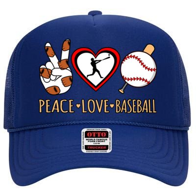 Peace Love Baseball Sports Player Lover Coach Graphic Gift High Crown Mesh Back Trucker Hat