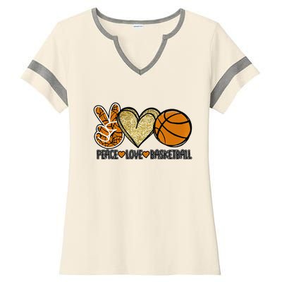 Peace Love Basketball Heart Ball Sports Team Game Player Ladies Halftime Notch Neck Tee