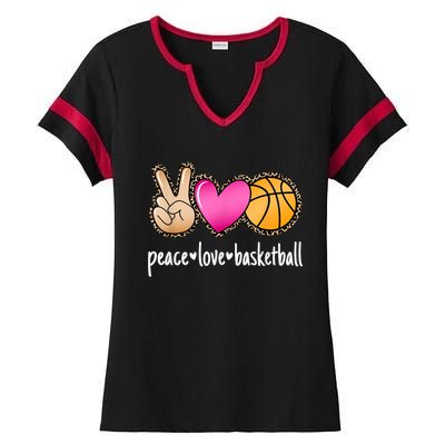 Peace Love Basketball Leopard Print Girls Women Basketball Ladies Halftime Notch Neck Tee