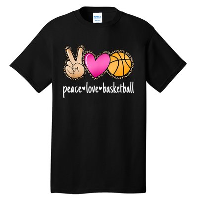 Peace Love Basketball Leopard Print Girls Women Basketball Tall T-Shirt