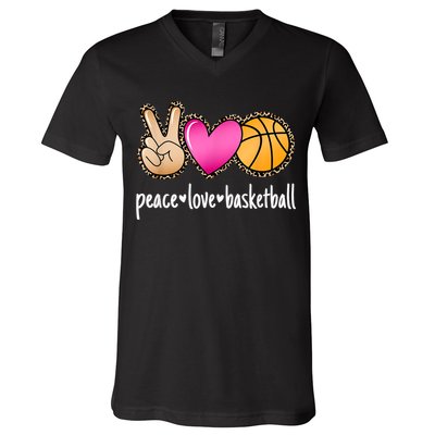 Peace Love Basketball Leopard Print Girls Women Basketball V-Neck T-Shirt