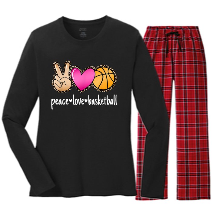 Peace Love Basketball Leopard Print Girls Women Basketball Women's Long Sleeve Flannel Pajama Set 