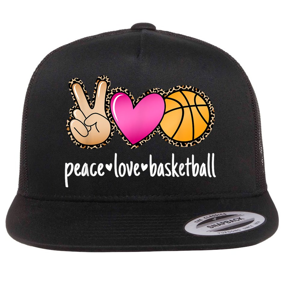Peace Love Basketball Leopard Print Girls Women Basketball Flat Bill Trucker Hat