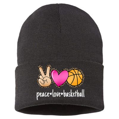 Peace Love Basketball Leopard Print Girls Women Basketball Sustainable Knit Beanie