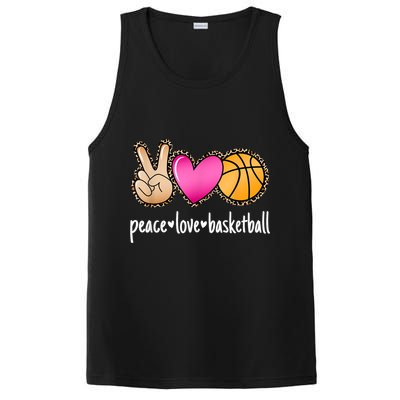 Peace Love Basketball Leopard Print Girls Women Basketball PosiCharge Competitor Tank