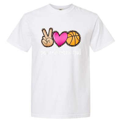 Peace Love Basketball Leopard Print Girls Women Basketball Garment-Dyed Heavyweight T-Shirt