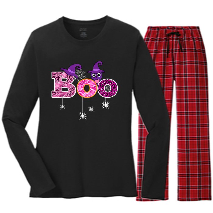 Pink Leopard Boo Spider WItch Hat Cute Scary Halloween Girls Women's Long Sleeve Flannel Pajama Set 