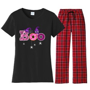 Pink Leopard Boo Spider WItch Hat Cute Scary Halloween Girls Women's Flannel Pajama Set