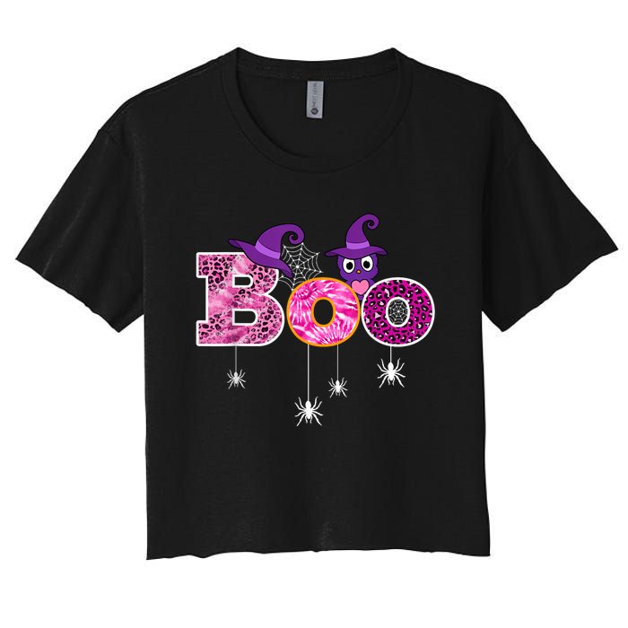 Pink Leopard Boo Spider WItch Hat Cute Scary Halloween Girls Women's Crop Top Tee