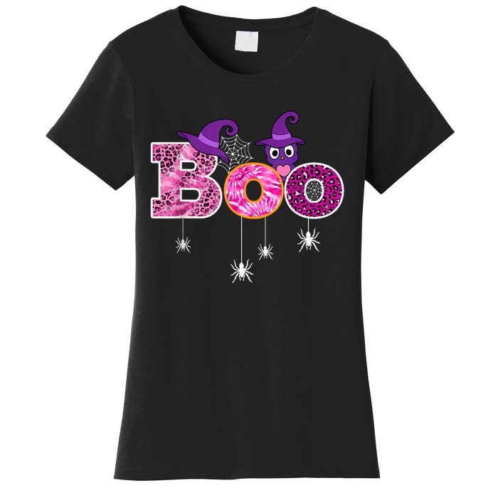 Pink Leopard Boo Spider WItch Hat Cute Scary Halloween Girls Women's T-Shirt