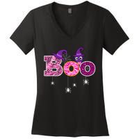 Pink Leopard Boo Spider WItch Hat Cute Scary Halloween Girls Women's V-Neck T-Shirt