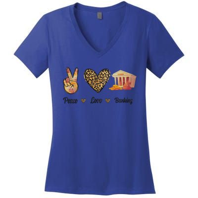 Peace Love Banking Job Love Banker Leopard Cute Gift Women's V-Neck T-Shirt