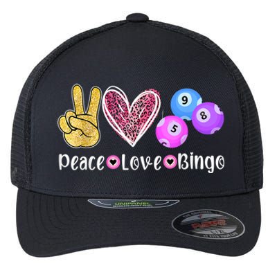 Peace Love Bingo Funny Bingo Lover Flexfit Unipanel Trucker Cap