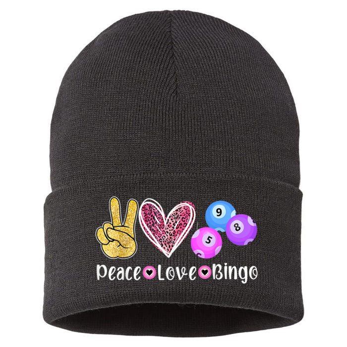 Peace Love Bingo Funny Bingo Lover Sustainable Knit Beanie