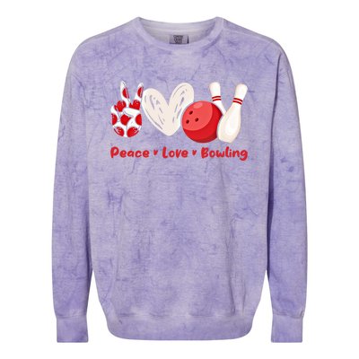 Peace Love Bowling Gift Bowling Lovers Bowlers Gift Colorblast Crewneck Sweatshirt