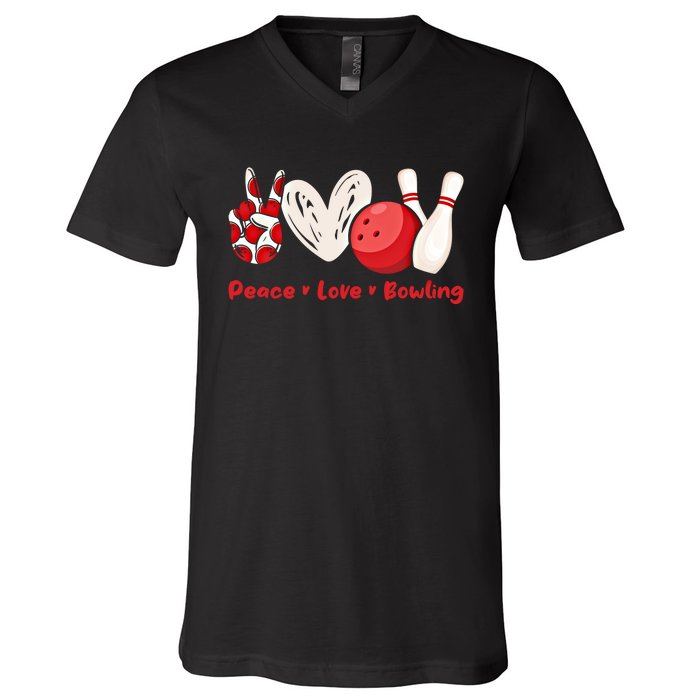 Peace Love Bowling Gift Bowling Lovers Bowlers Gift V-Neck T-Shirt